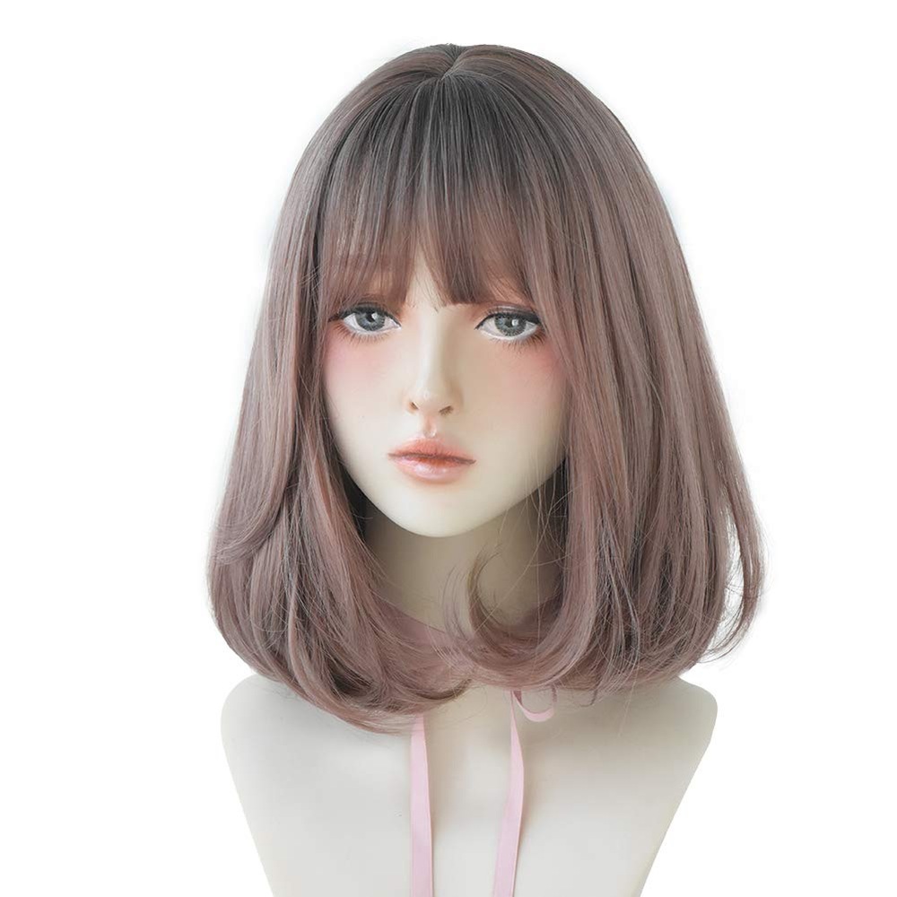 Straight Short Wigs for Women, Natural Mid-Length Short Lolita Wigs with Bangs